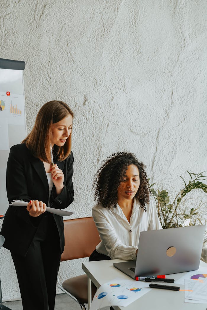 Services Two businesswomen sharing ideas on a project, working together on a laptop in a modern office setting.